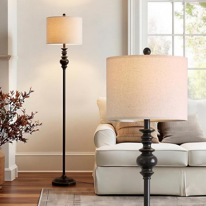 bobomomo 64.25\" farmhouse floor lamp for living room, tall antique white standing lamp with rotary switch, vintage reading lamp for bedroom & nursery, rustic home decor corner lamp metal