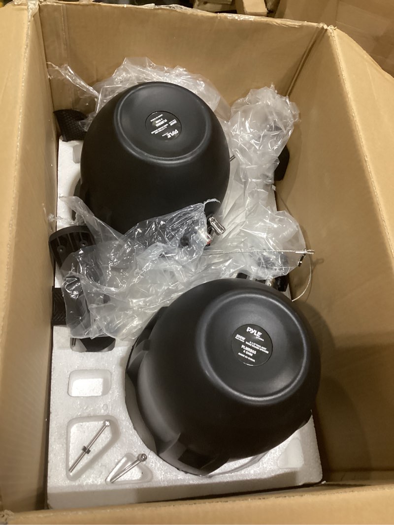 Condition photo showing As Is for pyle 6.5 inch dual marine speakers -2 way ip44 waterproof, weather resistant outdoor audio stereo sound system with 200 watt power and poly mica cone and butyl rubber surround -1pair - plmrb65 (black) speakers black standard packaging