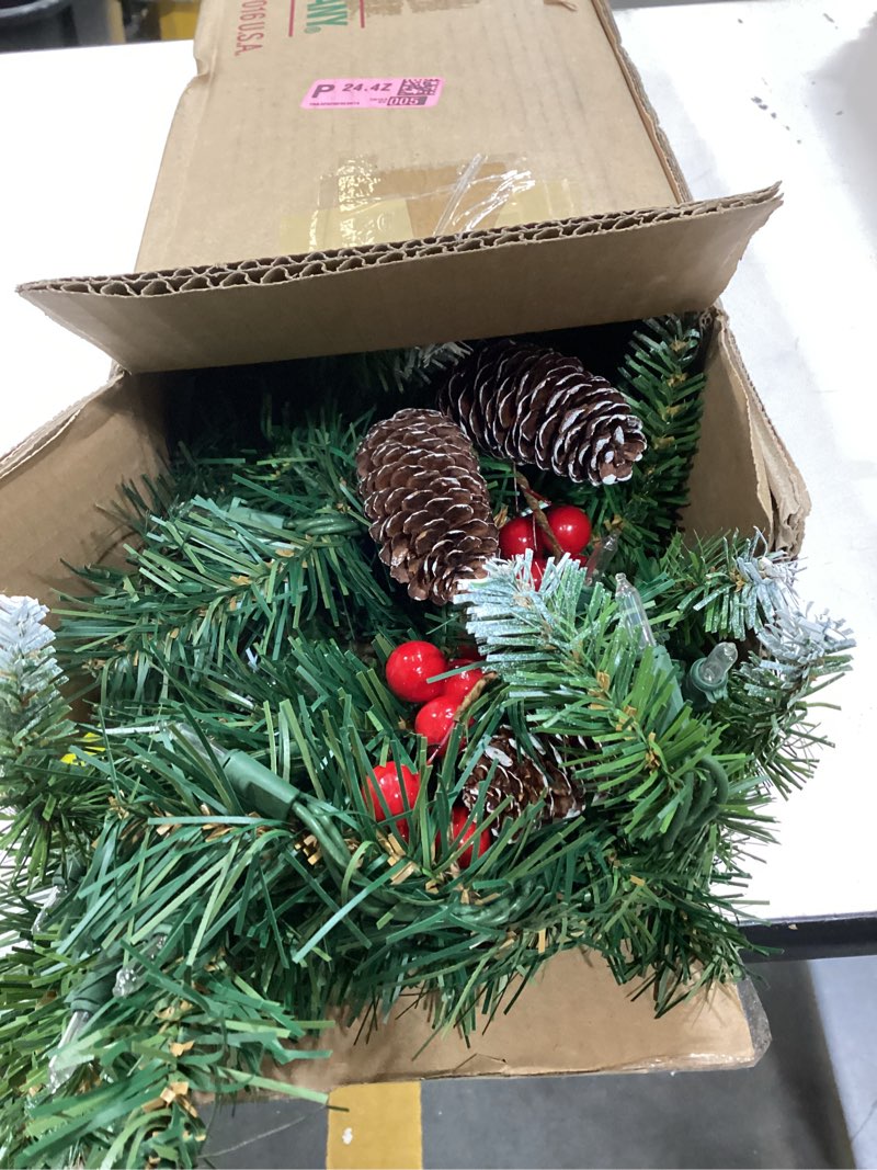 Condition photo showing Good Condition for national tree company 9 ft pre-lit crestwood spruce artificial christmas garland, christmas decoration with glitter, pinecones, red berries, 50 clear lights, 180 tips, green plug in tree