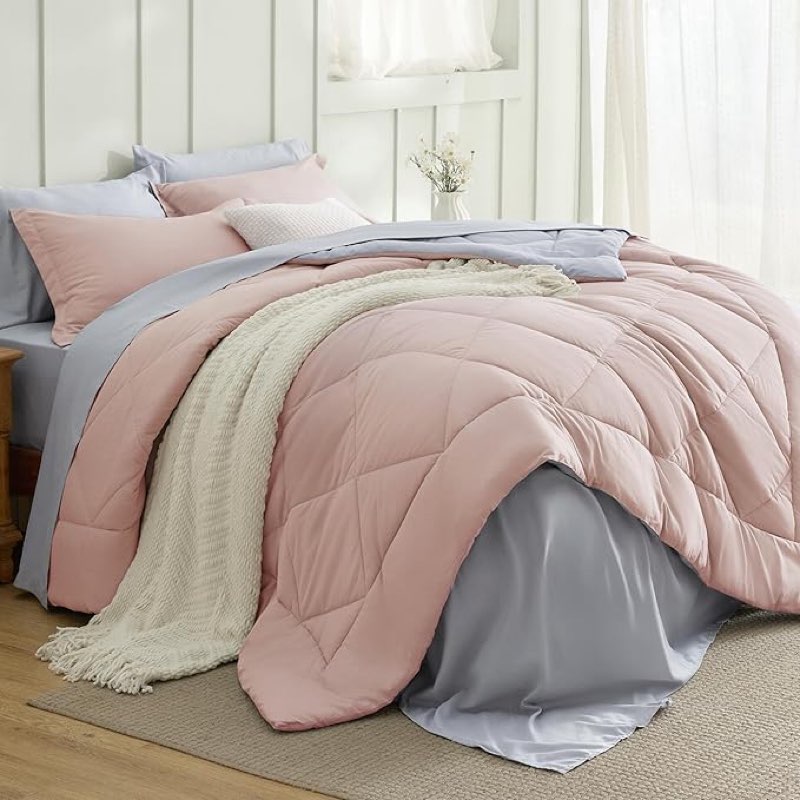 bedsure full size comforter set - 7 pieces reversible blush pink bedding, full size bed set for all seasons, bed in a bag with down alternative comforter, sheets, pillowcases & shams