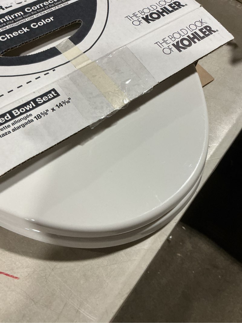 Condition photo showing As Is for Kohler K-20110-0 Brevia Elongated Toilet Seat with Grip-Tight Bumpers, Quiet-Close Seat, Quick-Attach Hardware, White