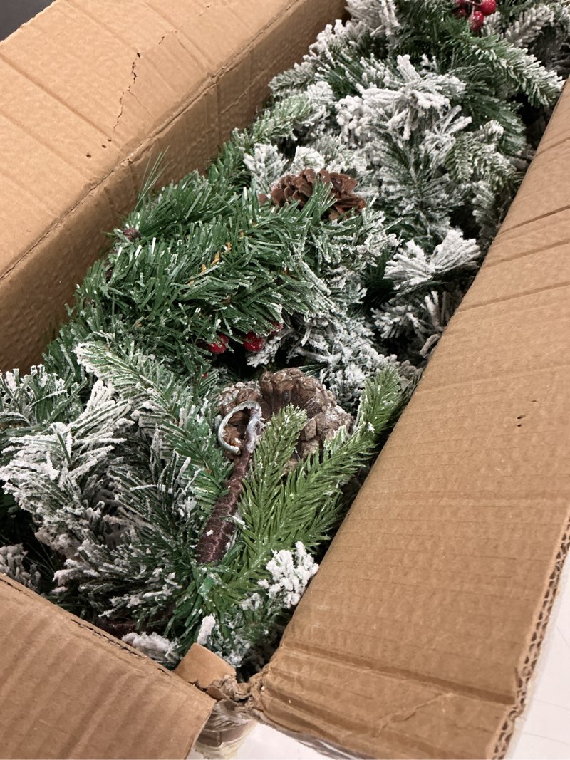 Condition photo showing Good Condition for Chuangdi 9 ft Christmas Flocked Garland with Lights Snowy Spruce Battery Powered Long Needle Pine Cone Garland for Christmas Stairs Fireplaces Mantel Door Decor