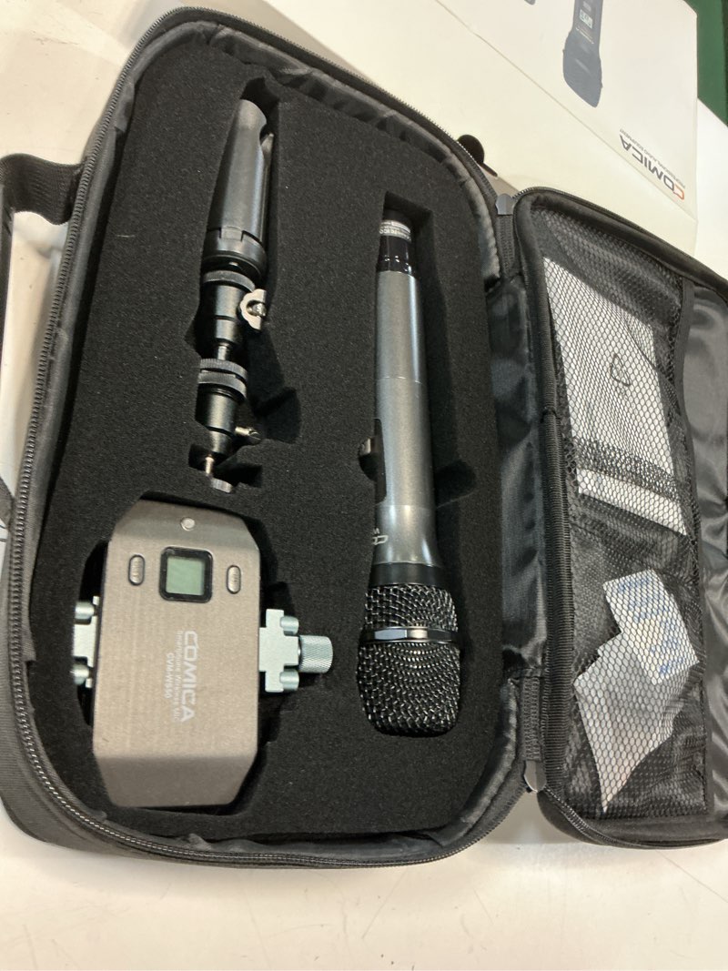 Condition photo showing New/Like New for wireless microphone for smartphone, comica cvm-ws50(h) handheld microphone for iphone/android phones interview, professional recording mic for sing video vlog youtube tiktok facebook livestream