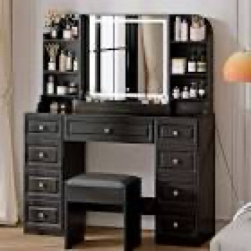 Arulvmrn 43" Makeup Vanity Desk with Mirror and Lights, & Power Outl, Glass Top Big Vanity Table wit