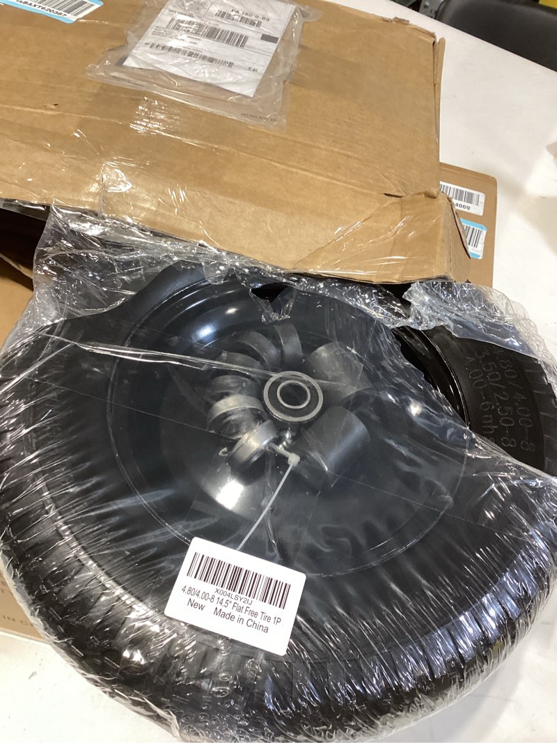Condition photo showing New/Like New for 4.80/4.00-8" flat free wheelbarrow tires and wheels, 14.5" universal fit solid tires with 5/8" or 3/4" bearing, 3"-7" hub, adapter kit hand truck wheels replacement for 3.50/2.50-8", 4.00-6"etc, 1 pcs 14.5"-1p black-flat free