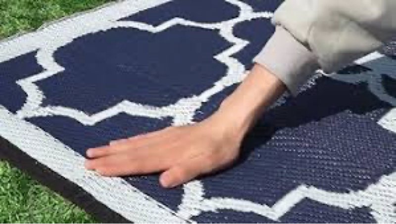 GENIMO Outdoor Rug 8' x 10' Patio Waterproof, Foldable Reversible Plastic Straw Area Rugs Mat for Camper Decor, Outside Carpet for Rv, Deck, Porch, Picnic, Beach, Balcony, Blue & White