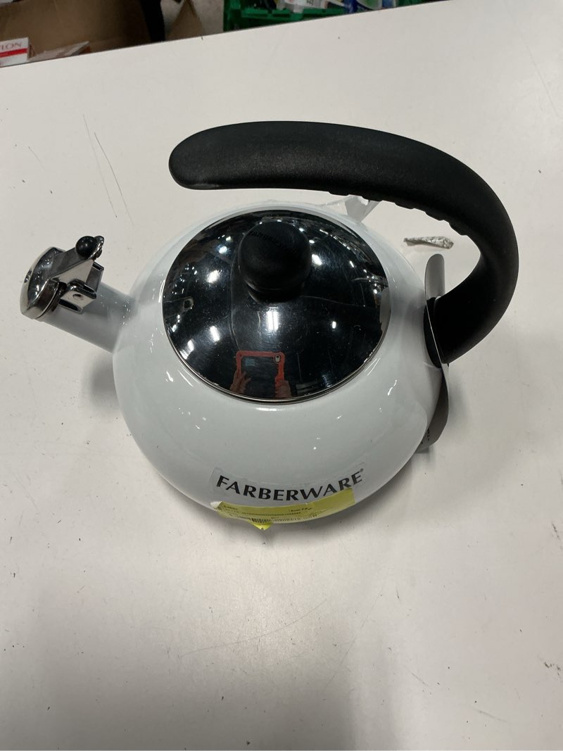 Condition photo showing As Is for farberware luna water kettle, whistling tea pot, works for all stovetops, porcelain enamel on carbon steel, bpa-free, rust-proof, stay cool handle, 2.5qt (10 cups) capacity (white)