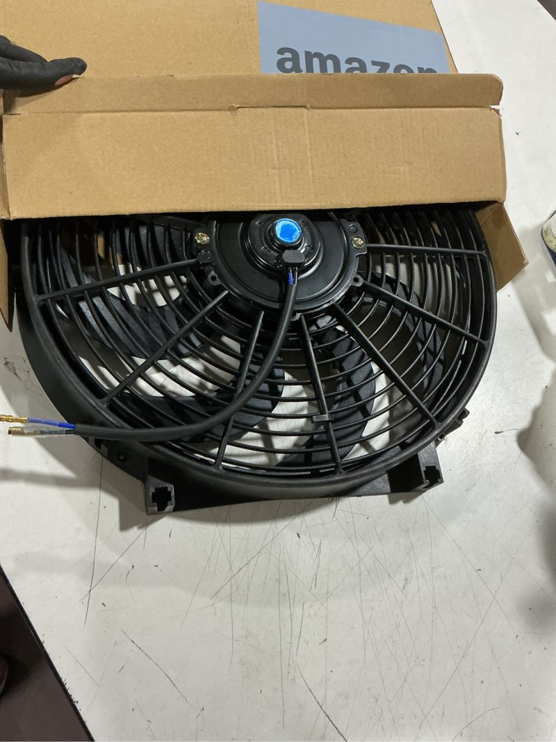 Condition photo showing As Is for 14 inch slim fan push pull electric radiator cooling fan, black | universal high performance 12v 90w motor with fan mounting kit 14'’ black