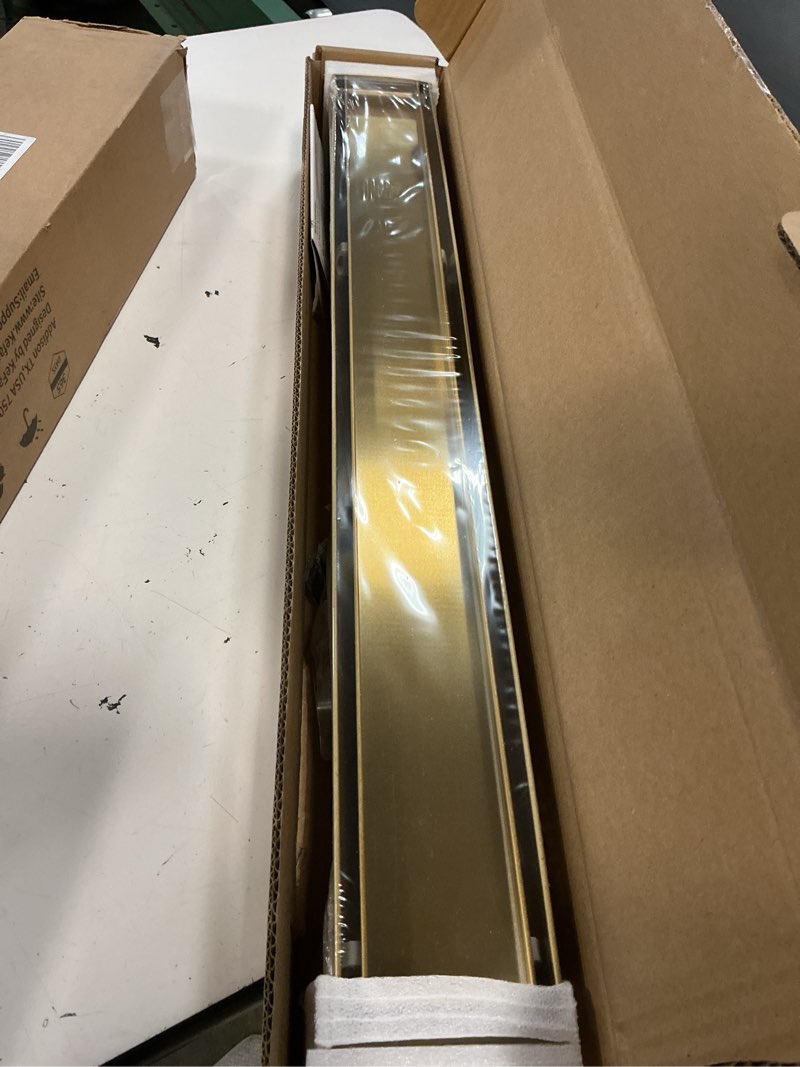 Condition photo showing New/Like New for gold shower drain, 24 inch linear shower drain with removable tile insert grate, 2 in 1 bathroom modern 304 stainless steel brushed gold shower floor drain with adjustable feet,hair strainer brushed gold 24in