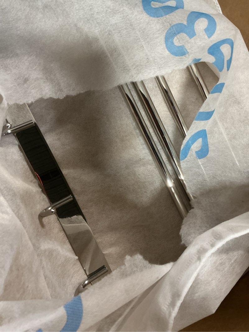 Condition photo showing As Is for 24" Foldable Double Towel Rack, SUS304 Stainless Steel, 20KG(44lbs) Heavy Duty, 9 Hooks + Shelf, Space Saving Wall Mount, Drill/No-Drill Bathroom Organizer. (Mirror Polished Silver) Silvery