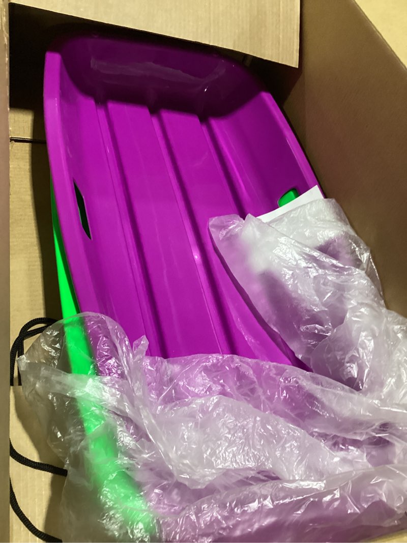 Condition photo showing As Is for Snow Sled for Kids: 35", Cold-Resistant, Anti-lateral Drift, Included Rope, One Handle per Side, Fast, Stable, Stackable, Easy to Carry, Toboggan Sleds for Snow Days Blue-Green-Purple