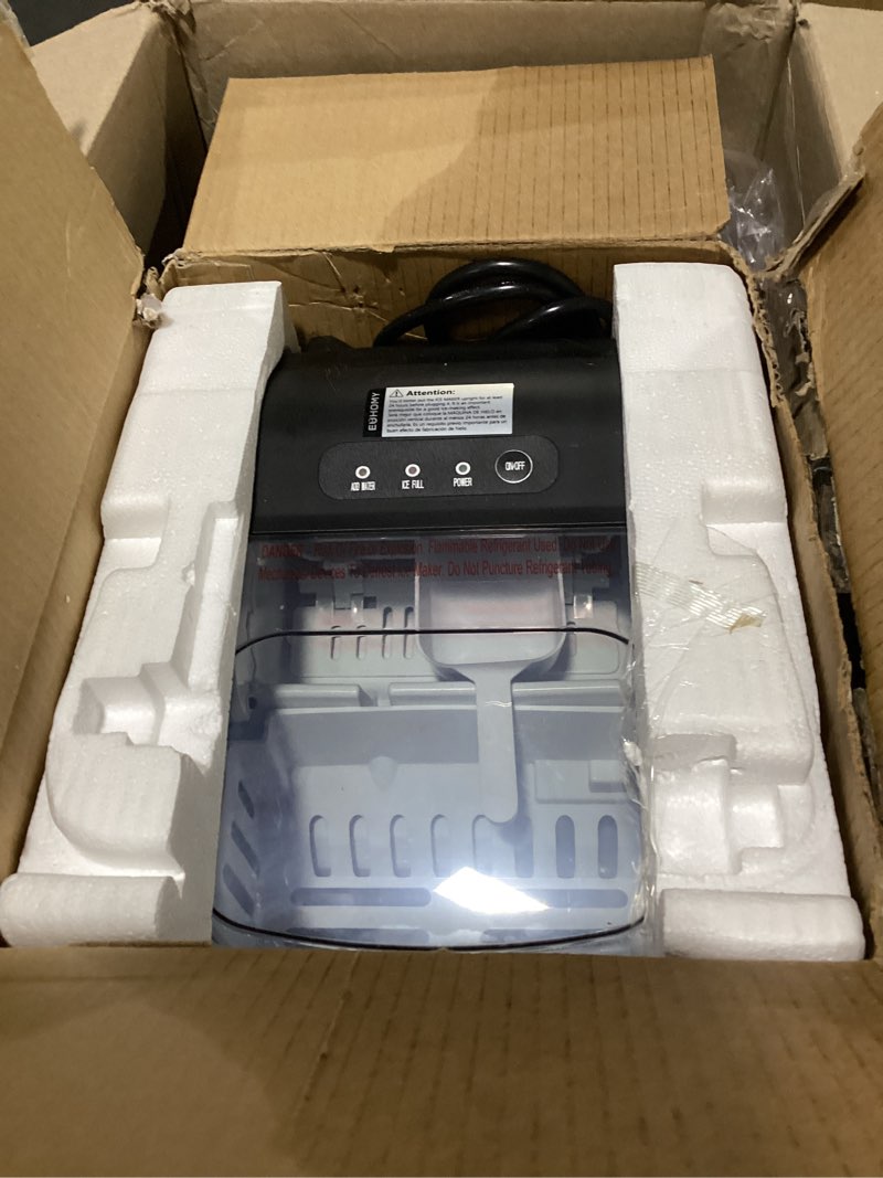 Condition photo showing Good Condition for euhomy countertop ice maker machine with handle, 26lbs in 24hrs, 9 ice cubes ready in 6 mins, auto-cleaning portable ice maker with basket and scoop, for home/kitchen/camping/rv. (black) black 26lbs