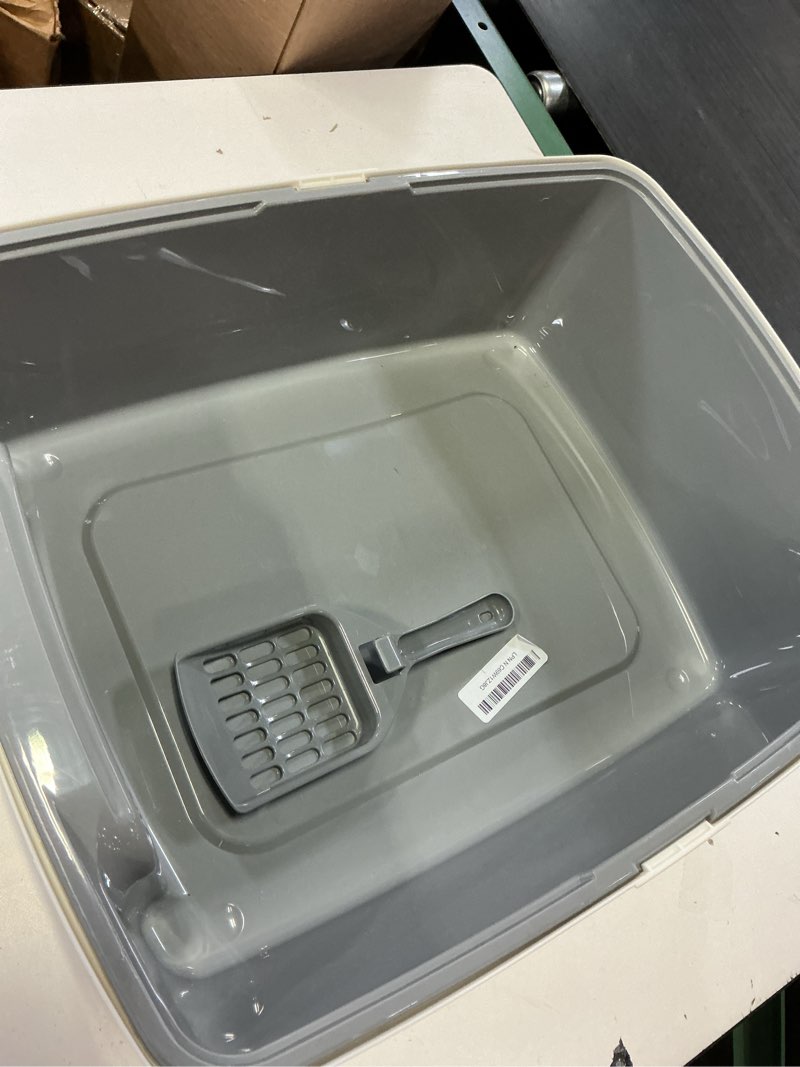 Condition photo showing As Is for furtime stainless steel cat litter box with lid, metal kitty litter box for small cats, kitten litter boxs with scoop and mat, non-sticky, anti-leakage, easy to clean, 17"x13"x8.4" (small) silver small