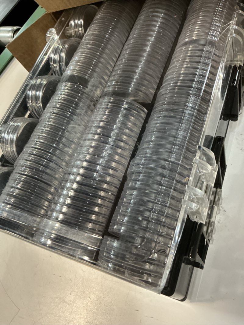 Condition photo showing As Is for coin collector case with 141 pcs capsules with foam gaskets & 220 dollar bill sleeve-coin collection supplies storage organizer box for secure coin and paper money display(black case+black gasket)