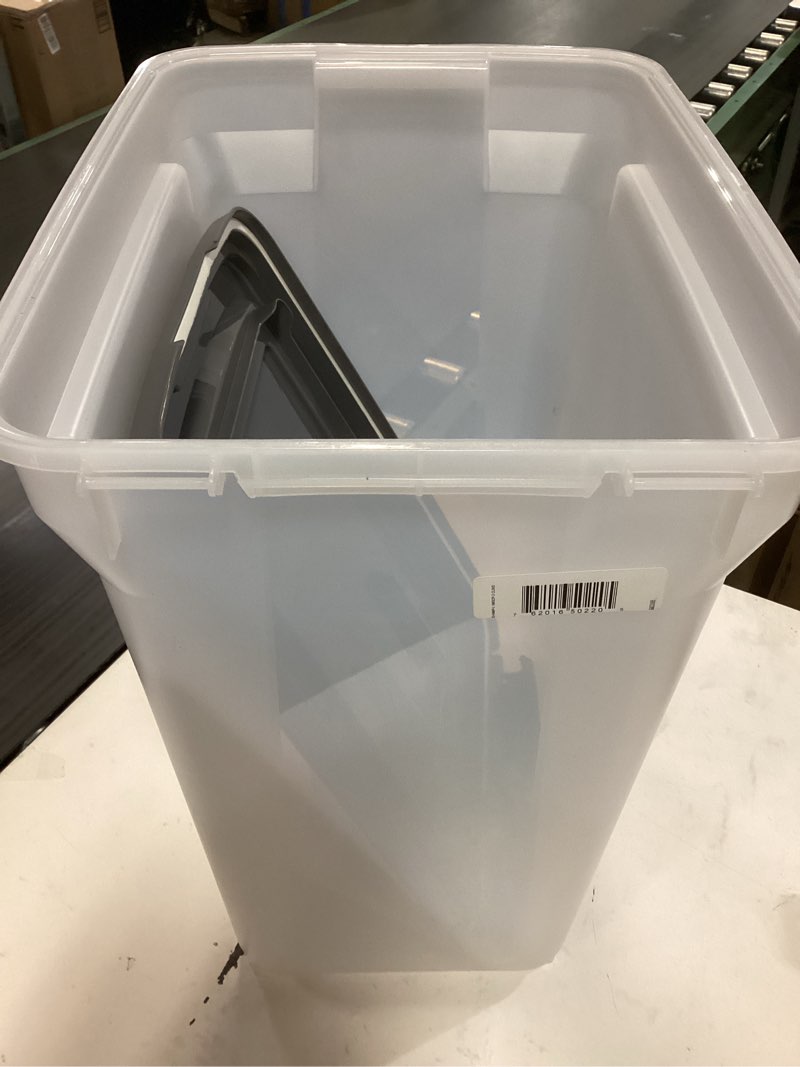 Condition photo showing As Is for IRIS USA Dog Food Storage Container 40 lbs, Attachable Wheels, & Included Scoop, for Dog Cat Birds and other Pets, Food Storage Bin, Keep Fresh, Easy Mobility, BPA Free - Made in the USA, Dark Gray 40 lbs Dark Gray/Clear