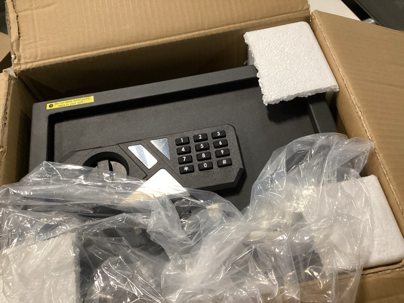 Condition photo showing New/Like New for  1.3 Cubic Feet Small Fire Safe Box for Home, Fireproof Safety Lock Box with Digital Keypad, Spare Keys and Removable Shelf, Personal Security Home Safes for Money, Jewelry, ID Documents