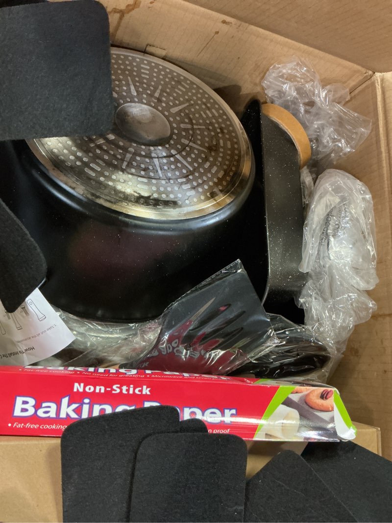 Condition photo showing As Is for kikcoin pots and pans set non stick 31 piece kitchen nonstick cooking cookware sets with grill pan saucepan baking sheet utensil, black black 31 pieces