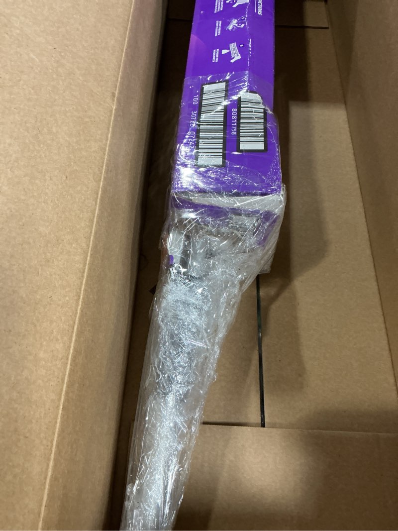 Condition photo showing As Is for swiffer powermop multi-surface mop kit for floor cleaning, includes powermop, 2 mopping pad refills, 1 cleaning solution with fresh scent and 2 batteries purple and white