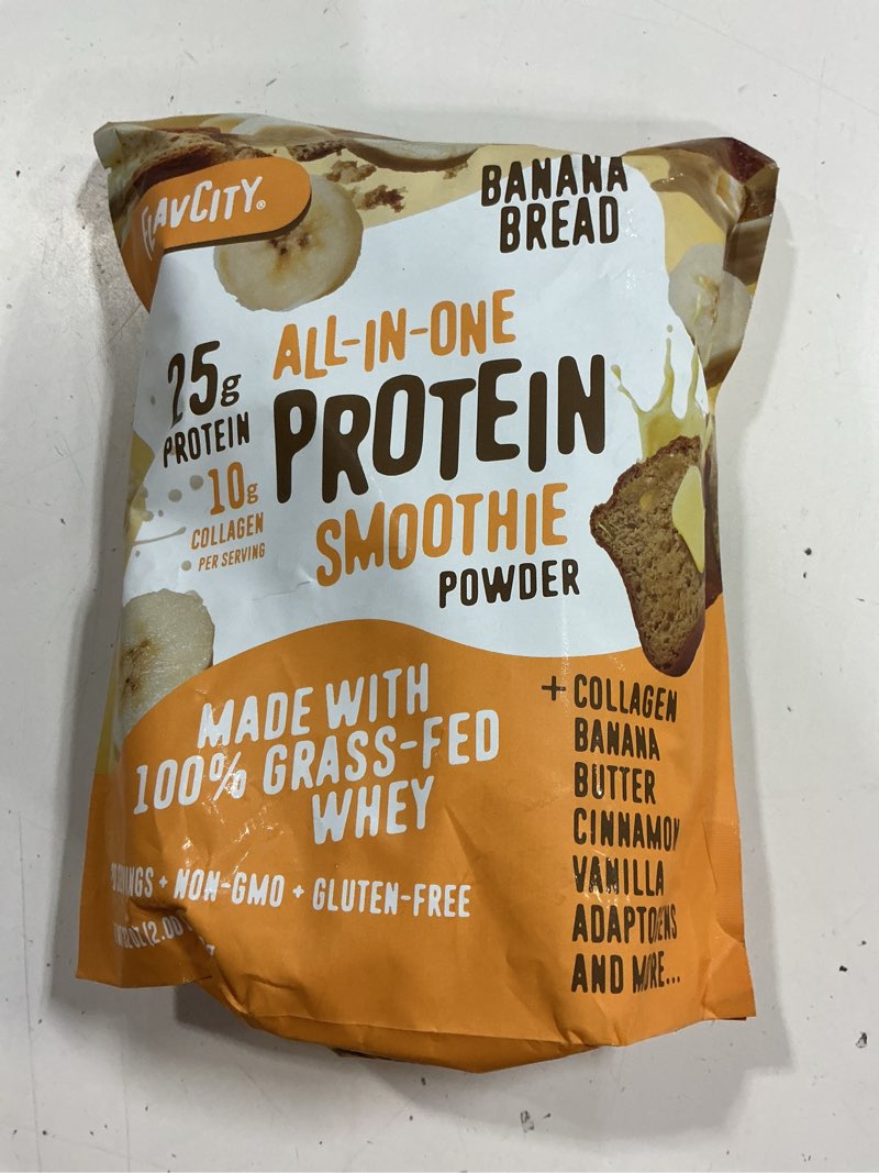 Condition photo showing New/Like New for ((b.b.03/10/28))flavcity all in one protein shake powder, banana bread - on the go meal alternative + collagen peptides, reishi & cordyceps - focus, skin, hair & joint support - 100% grass fed whey, 20 servings