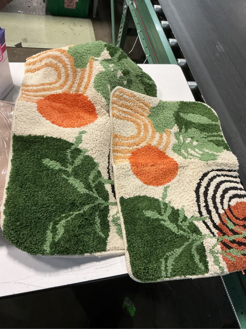 Condition photo showing Good Condition for arttown bathroom rug set, 2 pcs, 16"x24"+20"x32", boho plant | green fluffy microfiber bathroom mat non-slip water absorbent bath rug soft washable floor rug for tub showers laundry decor