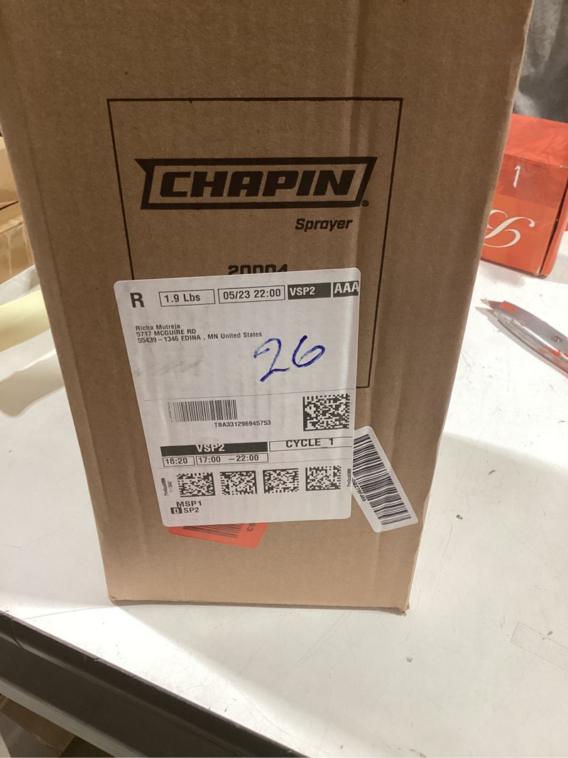 Condition photo showing New/Like New for chapin 20004 pump sprayer, 1-gallon surespray translucent tank with an easy fill funnel-top opening, adjustable cone nozzle & 34" long reach hose, used for fertilizer, pesticides, weeds & pests