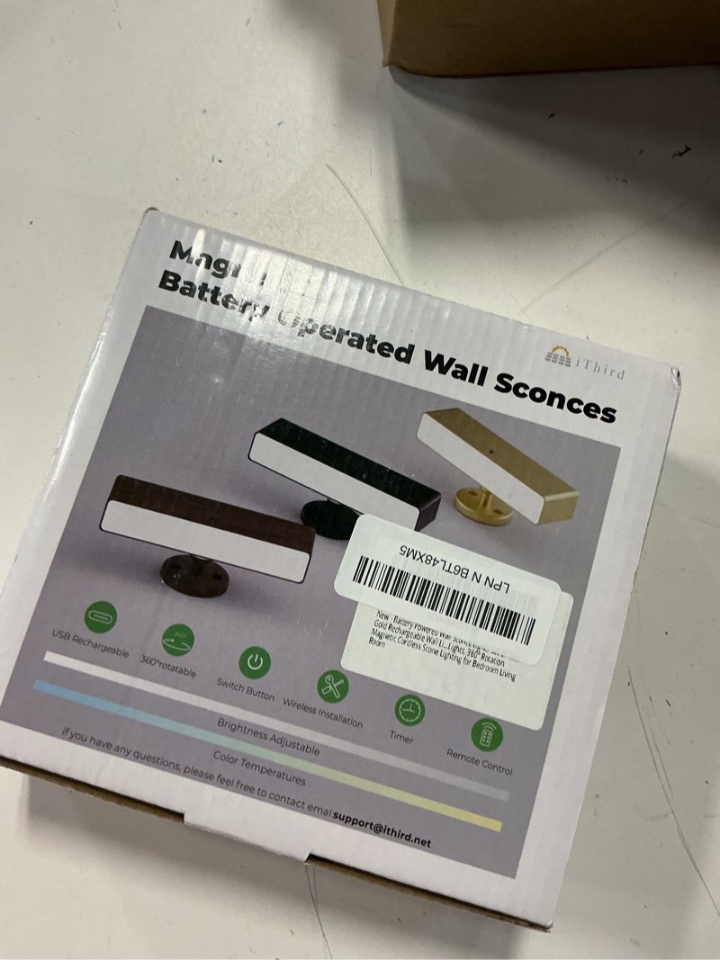 Condition photo showing New/Like New for battery powered wall sconce lights set of two: gold rechargeable wall lights with remote, wireless led wall mounted lights, 360° rotation magnetic cordless scone lighting for bedroom living room gold 2 pack