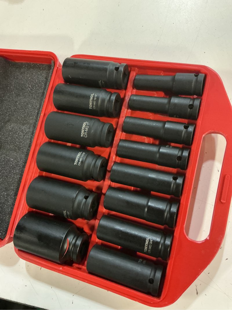 Condition photo showing New/Like New for tonynol 1/2 inch deep drive impact socket set,6-point,sae(3/8" to 1-1/4"),14 pcs,cr-mo steel,with a storage case 1/2" 14pc deep sae (9.5-32mm) 6-points