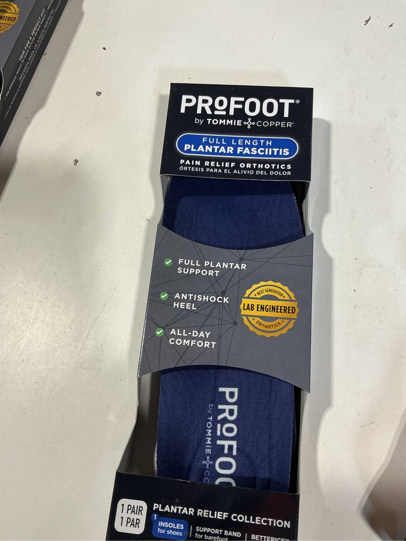 Condition photo showing New/Like New for profoot full length plantar insoles for men's size 8-14 targeted pain relief gel heel cushion copper znergy odor control half length fit