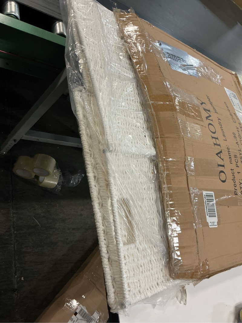 Condition photo showing Good Condition for OIAHOMY Laundry Hamper with Lid, 23.8 Gal (90L) Wicker Hamper with Removable Liner Bags, Handwoven Clothes Basket with Handles, Foldable Woven Paper Rope Basket for Laundry Room, Bedroom-White White 90L