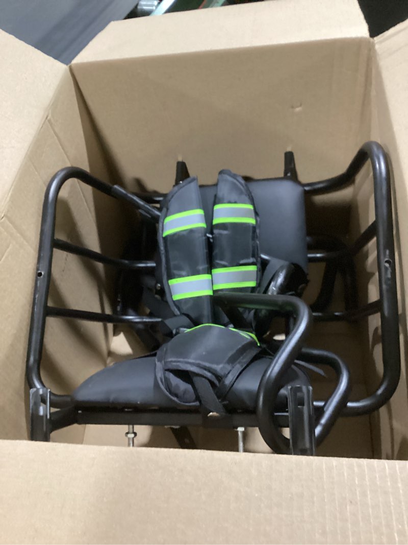 Condition photo showing As Is for item similar to photo) universal fold down forklift seat tractor replacement black pvc mower with 180° adjustable backrest angle, armrests, belt and slide fits most heavy mechanical