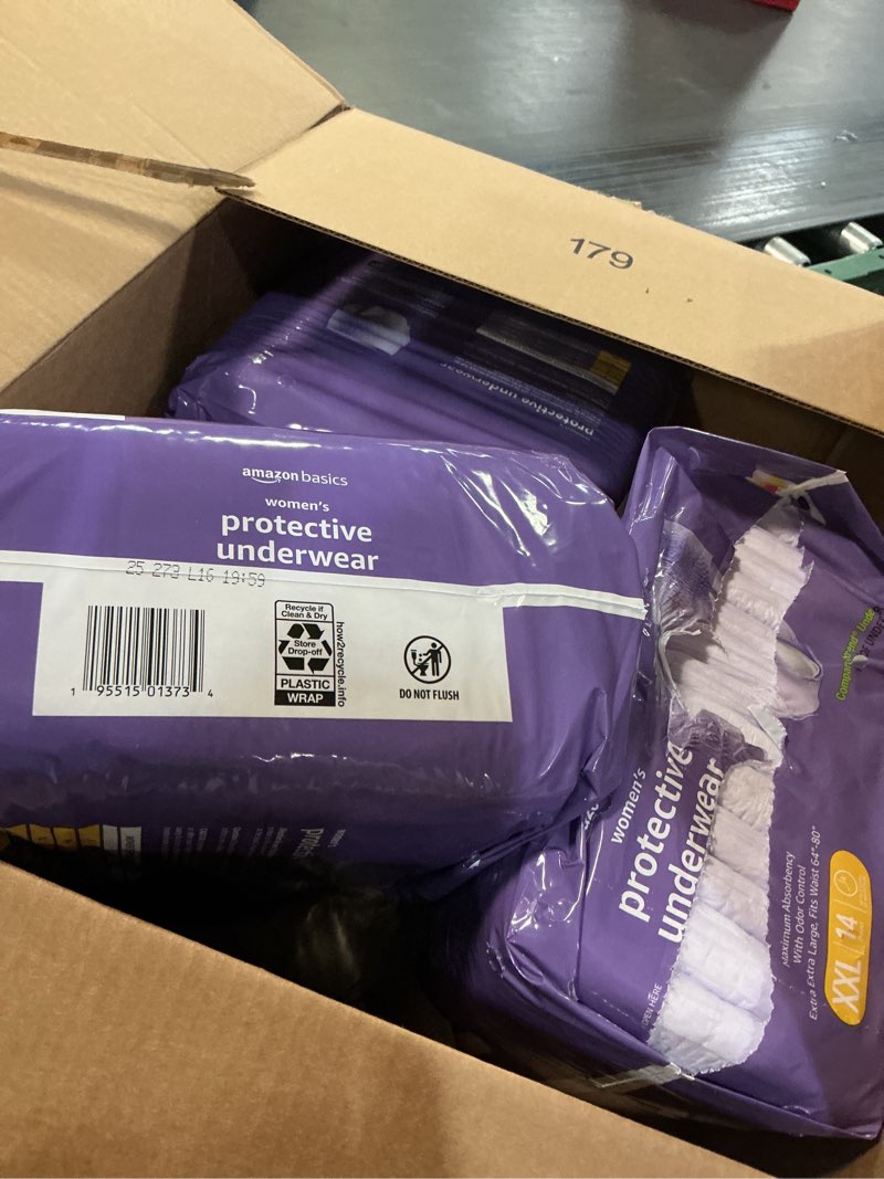 Condition photo showing As Is for Amazon Basics Incontinence Underwear for Women, Protective, Disposable, Postpartum, Maximum Absorbency, XX-Large, Lavender, 14 Count XX-Large 14