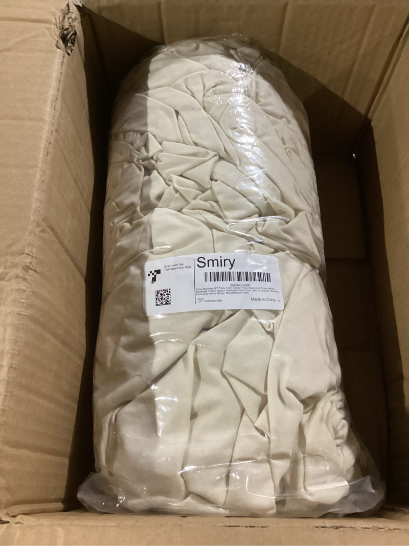 Condition photo showing Good Condition for Smiry Spandex Tablecloth, Elastic Fitted Stretch Tablecloth for 8FT Rectangle Tables, Waterproof Washable Table Cover Skirt for Outdoor, Wedding, Banquet & Parties (Beige, 96Lx30Wx30H Inch) 96" x 30" (Rectangular) Beige