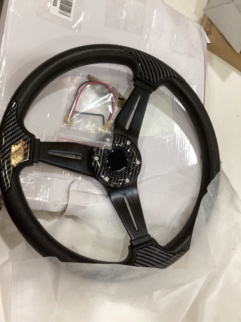 Condition photo showing Good Condition for carbon fiber grip racing steering wheel 13.8”/350mm flat bottom 6 bolts gaming steering wheel with aluminum spokes and carbon fiber horn button black