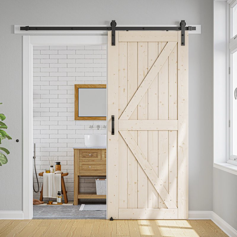 Paneled solid Wood Unfinished Barn Door with installation hardware 