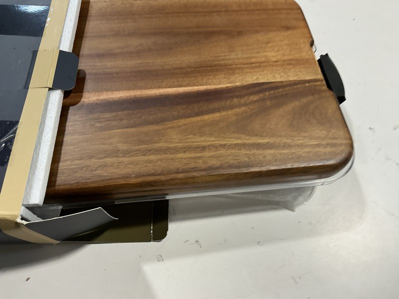 Condition photo showing Good Condition for covered charcuterie board with locking acrylic lid, 15" x 11" acacia wood serving tray, 2 dipping containers, gift box included