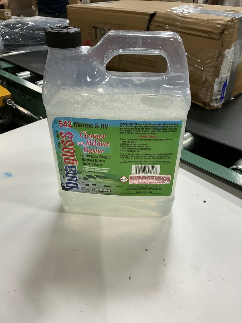 Condition photo showing As Is for duragloss 542 marine and rv cleaner removes stains and mildew, one gallon