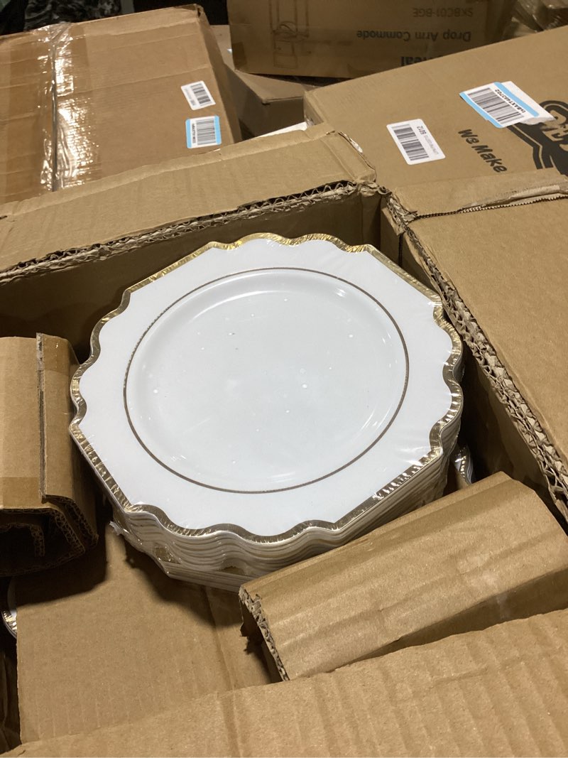 Condition photo showing As Is for " occasions " 80 plates pack,(40 guests) heavyweight wedding party disposable plastic plates set -40 x 10.5'' dinner + 40 x 8'' salad/dessert plate (imperial white and gold)