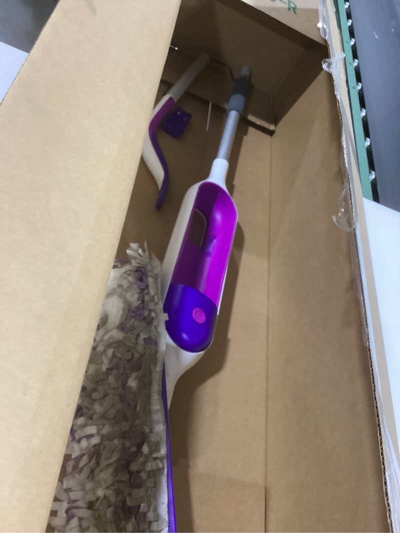 Condition photo showing As Is for swiffer powermop multi-surface mop kit for floor cleaning, includes powermop, 2 mopping pad refills, 1 cleaning solution with fresh scent and 2 batteries purple and white