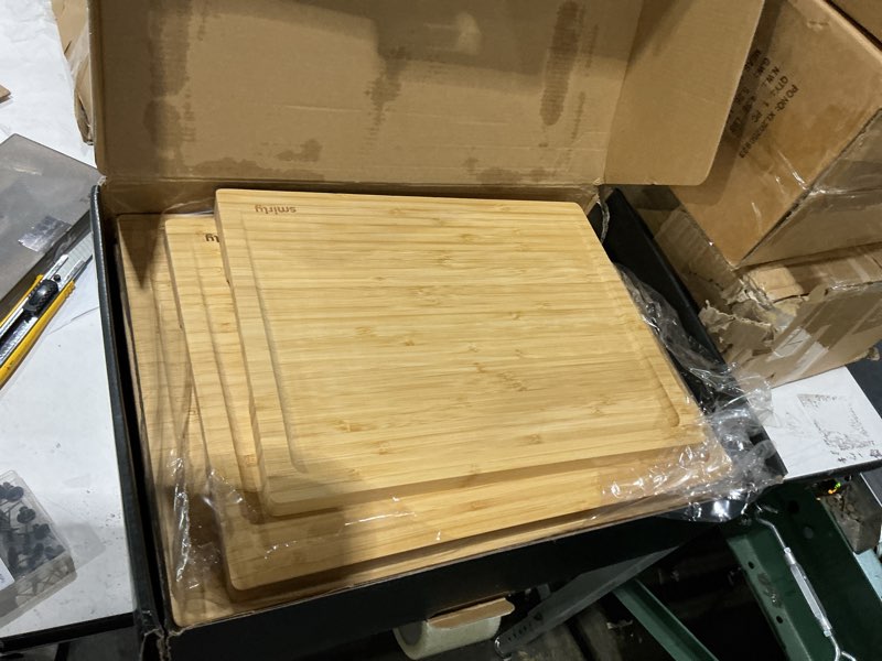 Condition photo showing Good Condition for smirly wooden cutting boards for kitchen meal prep & serving - bamboo cutting board set with holder, charcuterie & chopping board, wood cutting board set, kitchen gadgets 3 pack with holder natural bamboo