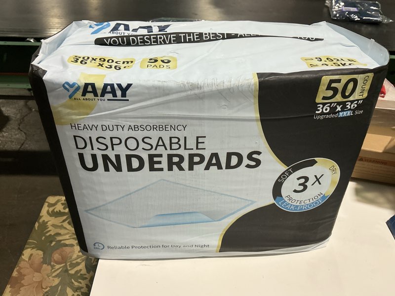 Condition photo showing New/Like New for AAY Disposable Bed Pads 36" x 36" (50 Count), Extra Large Disposable Chucks Underpads for Incontinence, Super Absorbency 3XL Premium Leakproof Protective Pee Pads for Adult, Kids, Pet, Puppy Training 36"X36"-50Count