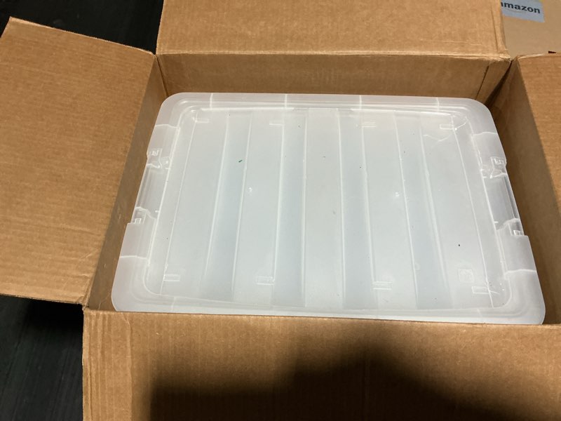 Condition photo showing As Is for iris usa 54 qt stackable plastic storage bins with lids, 6 pack - bpa-free, made in usa - see-through organizing solution, latches, durable nestable containers, secure pull handle - clear clear 54 qt 6 pack