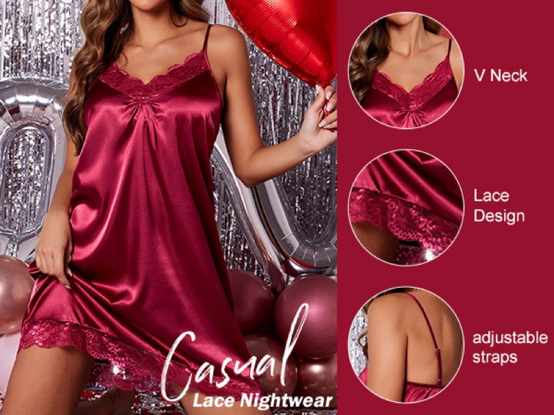 Ekouaer Women's Nightgown Satin Nightgowns for Women V-neck Lace Chemise Sleepwear Soft Lingerie for Women PINK Small