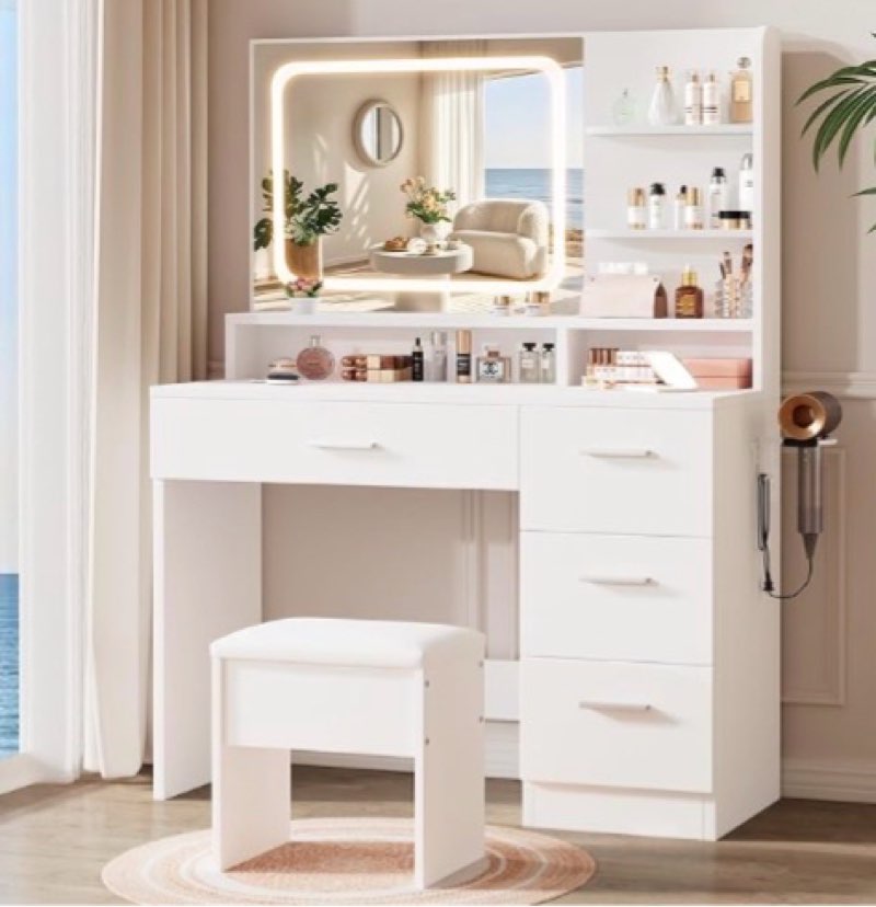 livelyglow makeup vanity desk with smart led mirror & charging station, 35.4" white vanity table set