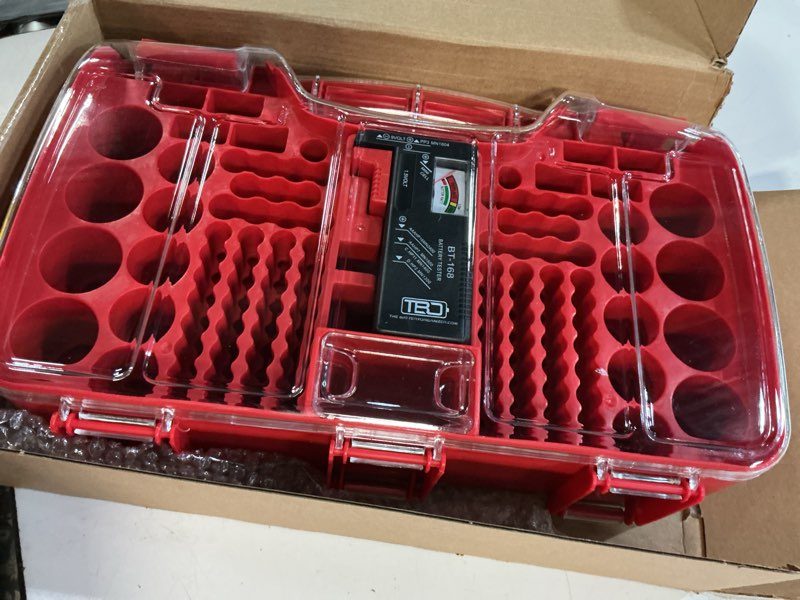 Condition photo showing New/Like New for just the case battery organizer storage case with tester, holds 180 batteries, clear hinged cover, locking lid - for aa, aaa, c, d and more, red