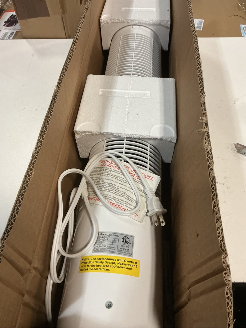 Condition photo showing Good Condition for space heater, 34" space heater for large room with remote, 1500w tower heater with 12h timer, 70° oscillating, adjustable thermostat, overheating & tip-over protection, indoor use, white