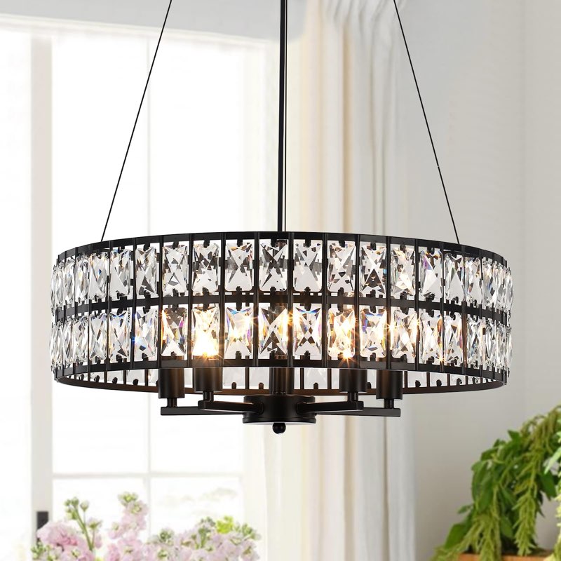 20" Large Black Crystal Chandeliers for Dining Room, 5-Light Modern Black Dining Room Chandelier Lig