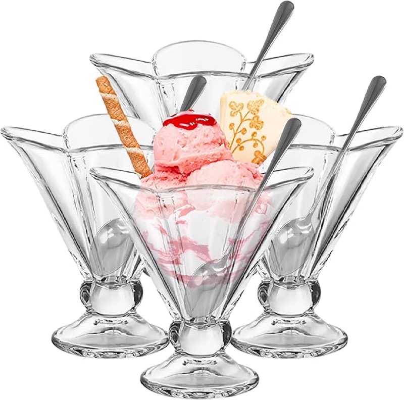 OVENTE 3 Box/ 4 packs Glass Dessert Bowls with Spoons, 6 Oz Footed Ice Cream Cups for Sundae, Fruit, Salad, Cocktail, Snack or Trifle, All Purpose Serving Bowl Ideal for Christmas Holiday Party, Clear ICGBSS4