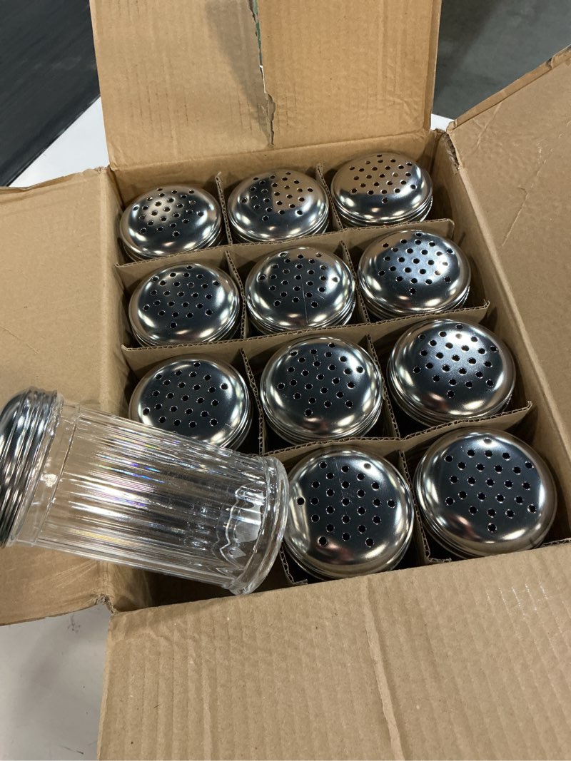 Condition photo showing New/Like New for skyley 12 pieces glass spices shaker with perforated 6 ounce swirl glass cheese shaker and slotted top lid red pepper retro swirl style dispensers for home kitchen restaurant supplies