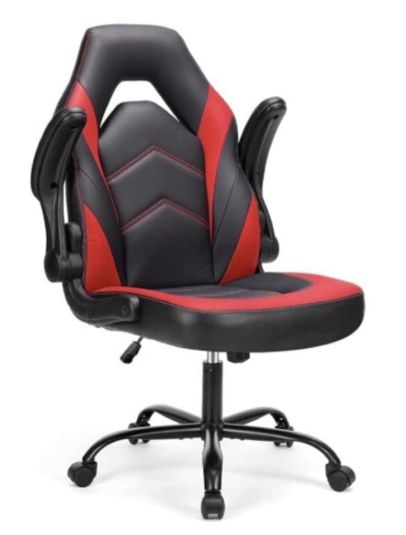 Sweetcrispy Computer Gaming Chair - PU Leather Ergonomic Lumbar Support with Flip-up Armrest and 360° Swivel Wheels, Height Adjustable Task Home Office Desk Video Racing, Red