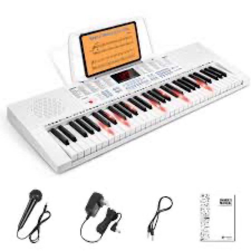 vangoa vgk611 electric keyboard for beginner, 61 keys portable music keyboard with mini lighted keys, electronic piano for kids, boy, girl, white 61 mini keys white